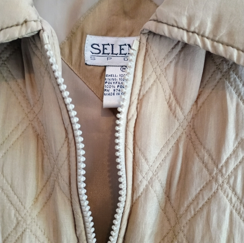 Selene Paris 100% Silk Tan/Olive Quilted Zippered Vest Women's Medium Vintage - Picture 4 of 8